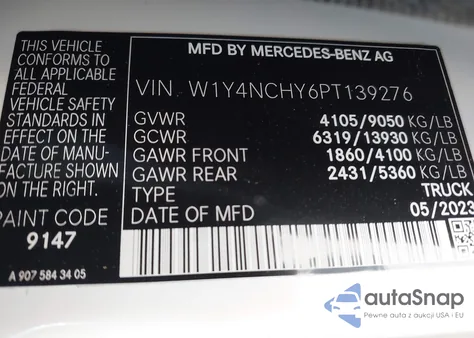 2023 Mercedes-Benz Sprinter 2500 High Roof 4-Cyl Diesel Ho from USA, damaged, VIN W1Y4NCHY6PT139276